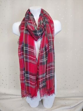 Naturally Knotty 100% Modal Oversized Plaid Scarf Wrap Red 45x86 Light & Gauzy